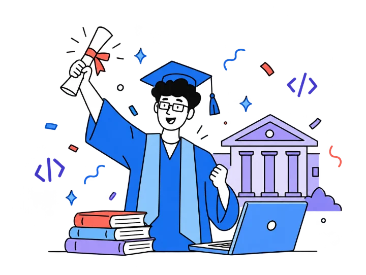 Egresado con su diploma junto a libros, una laptop y una universidad