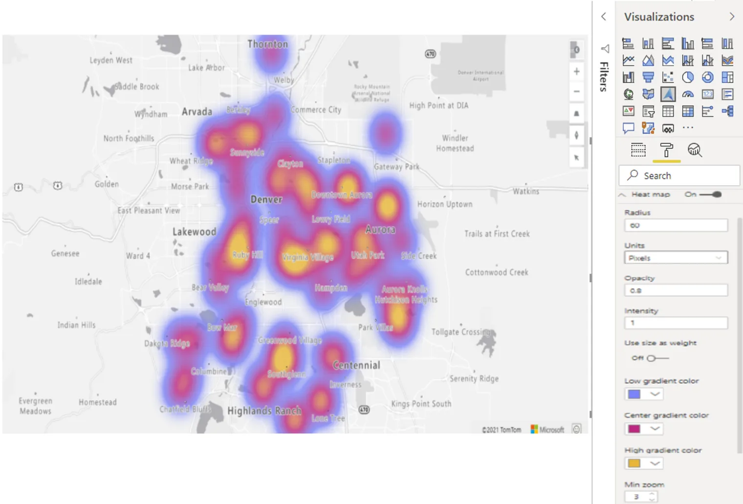 Mapa de calor de la demanda por zonas de una ciudad, creado con Azure Maps en Power BI