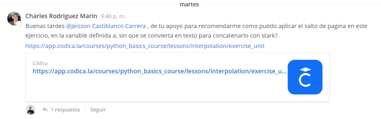 Pregunta de un estudiante en el chat de Códica
